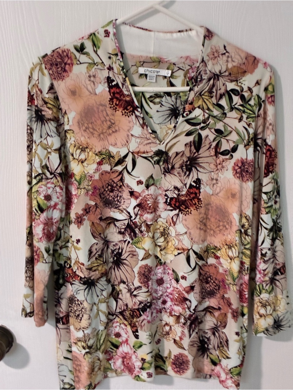 Chico's Long-Sleeve Floral V-Neck Top in Peach, Cream, Green